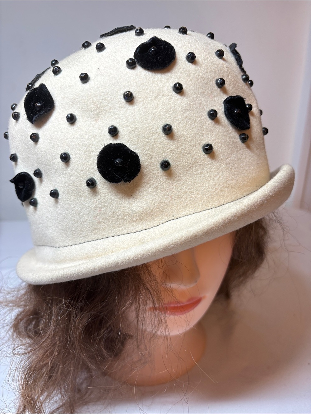 Wesco Vintage USA made Cream and Beaded Black Wool Hat One Size